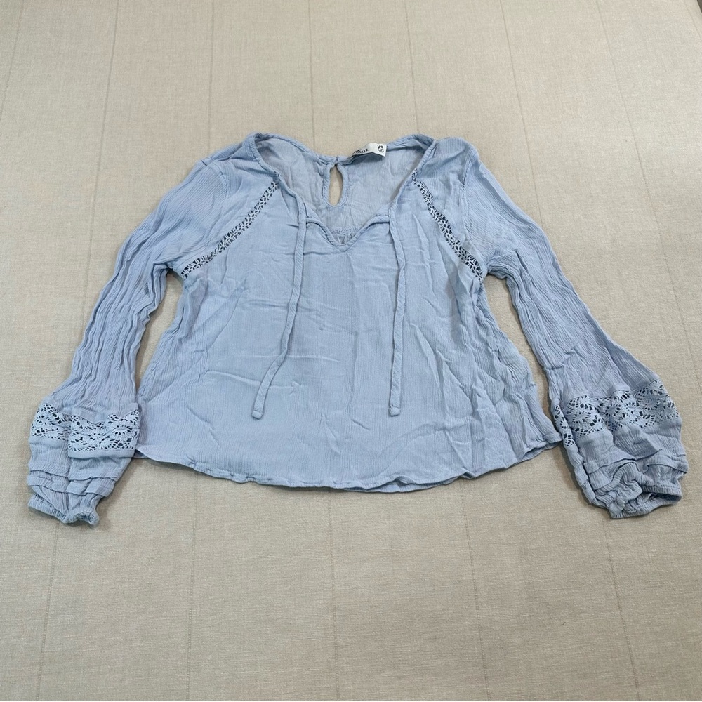 Hollister Light Blue Boho Flowy Lace Detail Blouse